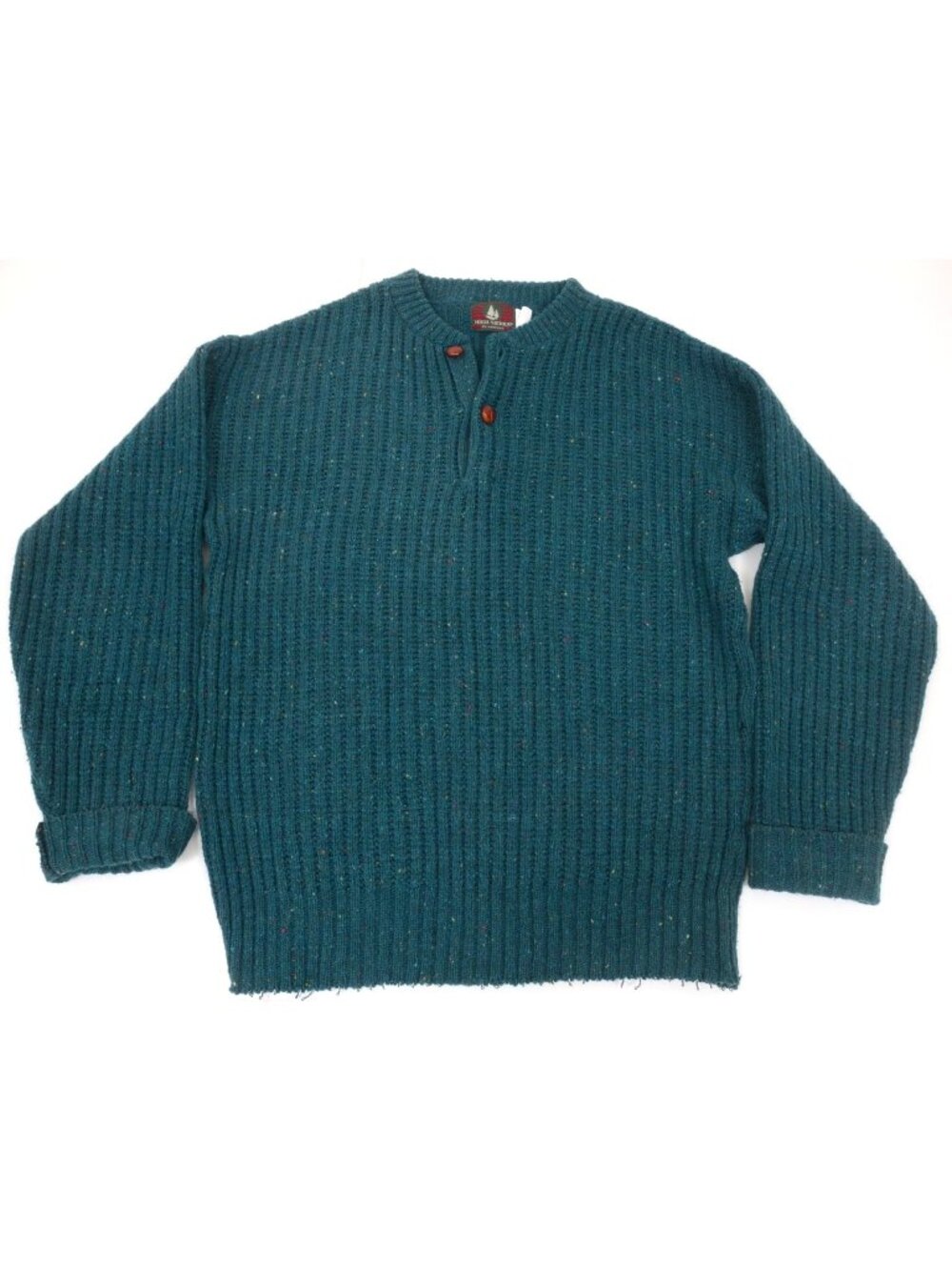 VTG 90s High Sierra Men's L Green WOOL Speckled Button Fisherman Preppy Sweater